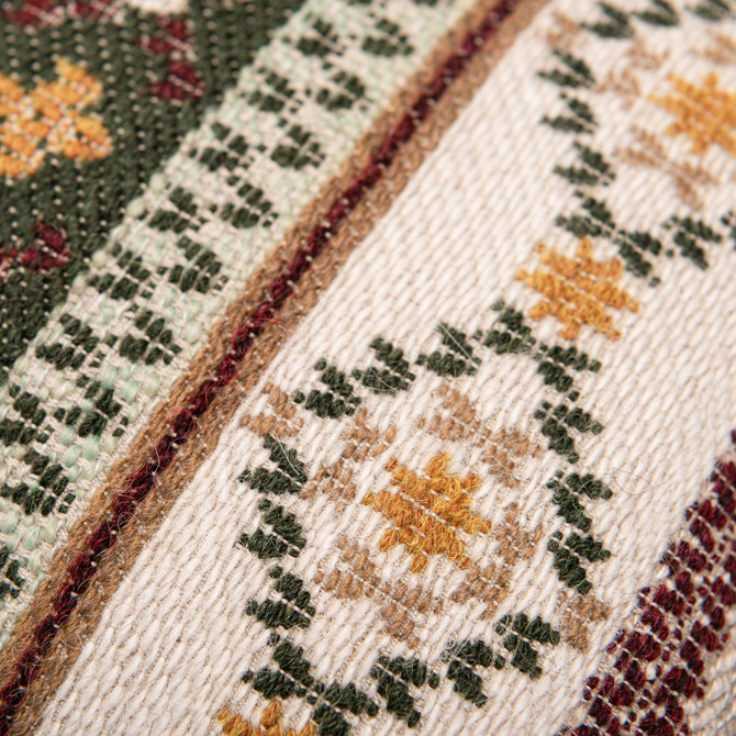 GAISSTEIN Cushion - Rectangular (LC40196) by Mind The Gap | LC40196 | TYROL APRES-SKI | 50 x 30 cm | Taupe, Light Green, Dark Green | Fringes all around | Duck feather | 40% Cotton, 27% Polyacrylic, 20% Wool, 13% Other Fibers | Fabric Carolina | https://www.fabriccarolina.com/