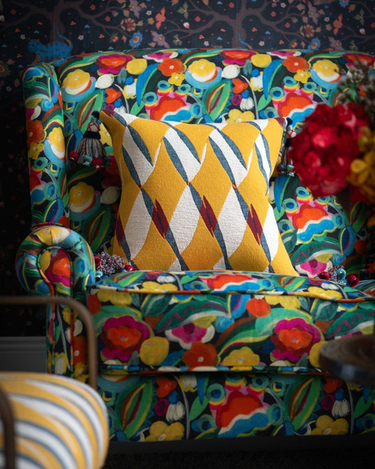 GLORIA cushion (LC40281) by Mind The Gap | LC40281 | TRANSYLVANIAN RHAPSODY | 50 x 50 cm / 20 x 20 in | Blue, White, Yellow, Red | Tasseled corners | Duck feather | 82% Cotton, 10% Polyamide, Other Fibers | Fabric Carolina | https://www.fabriccarolina.com/