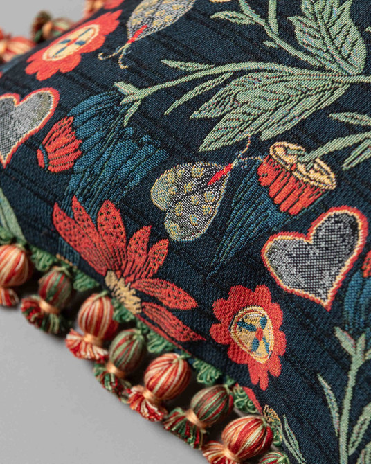 INFLORESCENCE cushion (LC40291) by Mind The Gap | LC40291 | TRANSYLVANIAN RHAPSODY | 50 x 50 cm / 20 x 20 in | Taupe, Blue, Red | Fringes all around | Duck feather | 74% Cotton, 10% Acrylic, Other Fibers | Fabric Carolina | https://www.fabriccarolina.com/