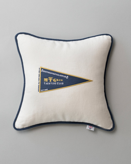MTG YACHTING CLUB Linen Embroidered Cushion (LC40107) by Mind The Gap | LC40107 | SUNDANCE VILLA | 50 x 50 cm | Blue, White, Yellow | Indigo blue rope border | Duck feather | 100% Linen | Fabric Carolina | https://www.fabriccarolina.com/