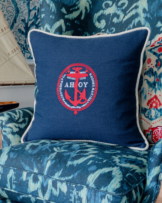 AHOY! Linen Embroidered Cushion (LC40103) by Mind The Gap | LC40103 | SUNDANCE VILLA | 50 x 50 cm | White, Red, Indigo blue | Off-white rope border | Duck feather | 100% Linen | Fabric Carolina | https://www.fabriccarolina.com/