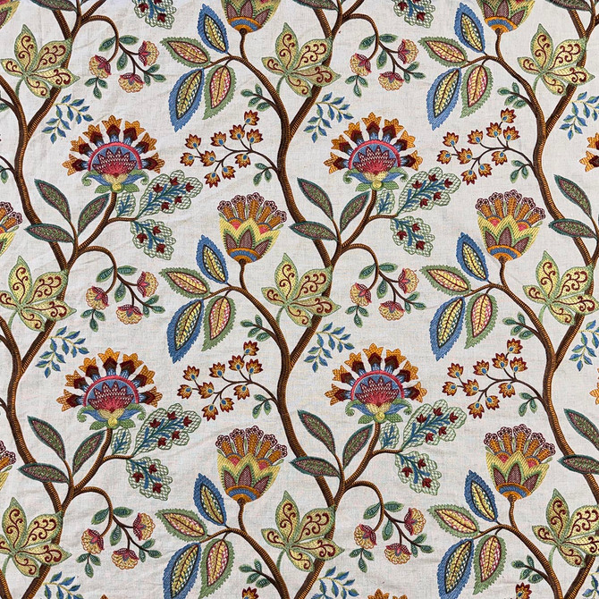 Yearwood Multi by Magnolia Designer Fabric Required Minimum Quantity Purchase: 2 yards Content: 60% LINEN, 40% COTTON Origin: INDIA Performance: Repeat: Horizontal: 16.75 and Vertical: 15 Width: 50.5 EMB Uses: Bedding, Drapery, Upholstery