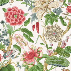 Hill Garden Coral and Green T13658 by Thibaut Wallpaper - Fabric