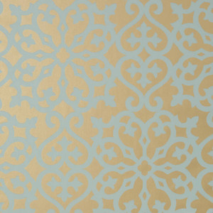 Allison Aqua on Metallic Gold T35176 by Thibaut Wallpaper - Fabric Carolina