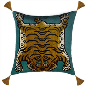 House of Hackney Blue Animal Saber Teal Velvet Fringed Cushion Product Shot
