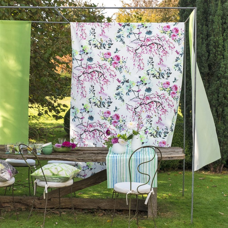 Designers Guild Palasari Outdoor Fabric  Floral Chinoiserie Flower Outdoor Fabric Styled Room Shot