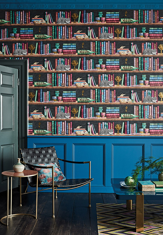 Cole And Son Fornasetti Senza Tempo Patterned Libreria Wallpaper Styled Shot