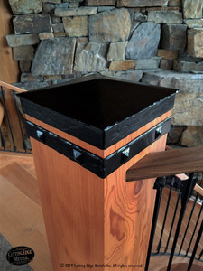 Our high-end steel decorative post caps and bands really dress up wood railing posts. This particular sample is very rustic; hammered, weathered, and randomly peened adds to the completed design. Matching weathered handmade clavos and straps tie everything together and they can be ordered from us. These post caps and bands are a superb way to dress up posts for a lodge, timber frame home, cabin, or rustic home or business.