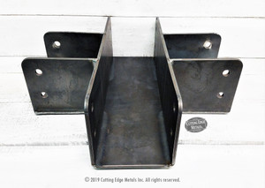 4-Way Post or Column Cross Beam Brackets
The purpose of custom post to column cross beam brackets is to connect four beams at the top of a column. Our custom steel post to cross beam brackets are great for pergolas, gazebos, timber framing and other timber connections. This particular bracket sits on top of a post and allows 4 beams to intersect at the top of that post. Straps run down the post. These are made custom in thickness, size, finish to fit your timber project perfectly.