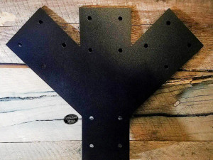 Custom heavy duty one-piece Y-post and beam bracket YB10 in black powder coat with 45° angled beams for post and beam connections