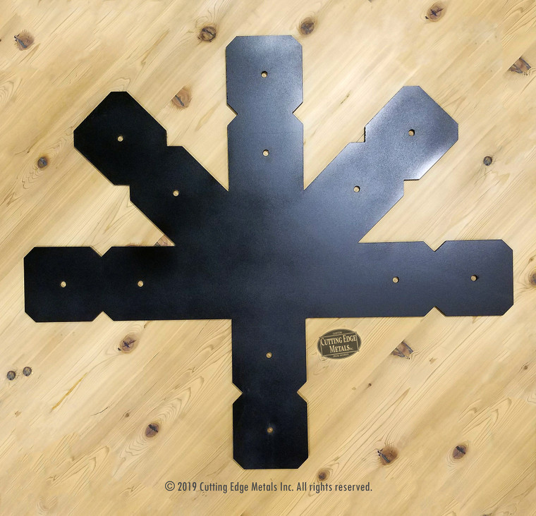5-Legged Beam Truss Center Bracket - Double Crop
These custom 5-Legged Double Cropped Beam Connecting Brackets are for where a horizontal beam connects with the angle braces and king post, securing the timbers together. We make truss plates to any size, angle, thickness, hole placement and size or finish.