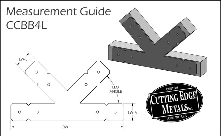 4-Legged Beam Truss Center Bracket - Double Crop
These custom 4-Legged Double Cropped Beam Connecting Brackets are for where a horizontal beam connects with the angle braces or on a vertical beam to angle braces securing the timbers together. Measurement Guide
