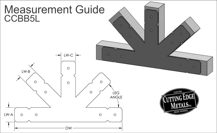 5-Legged Beam Truss Center Bracket - Double Crop
These custom 5-Legged Double Cropped Beam Connecting Brackets are for where a horizontal beam connects with the angle braces and king post, securing the timbers together. We make truss plates to any size, angle, thickness, hole placement and size or finish. - Measurement Guide