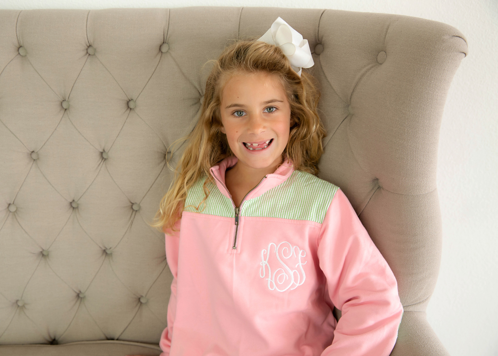 Youth Miller Collection Pullover - pink with green seersucker