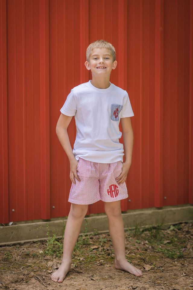 Boy's Short Sleeve Seersucker Pocket Tee Shirt