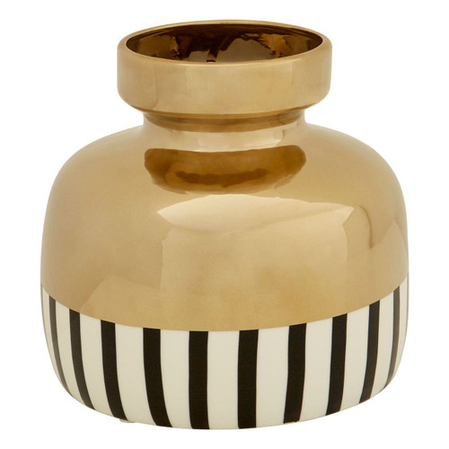 The lower half of the Cassia vase boasts alternating vertical stripes of black and white, creating a striking contrast with the rich gold finish of the vase's top