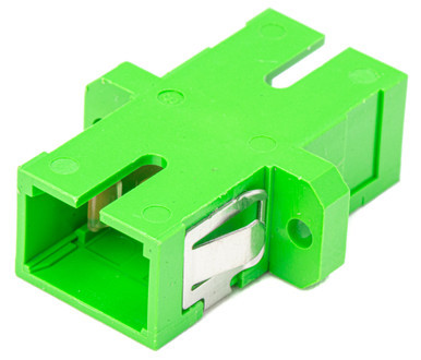 SC to SC APC Fiber Adapter. Simplex Singlemode with Zirconia Sleeve & Plastic Flange - Green. Tray of 50.