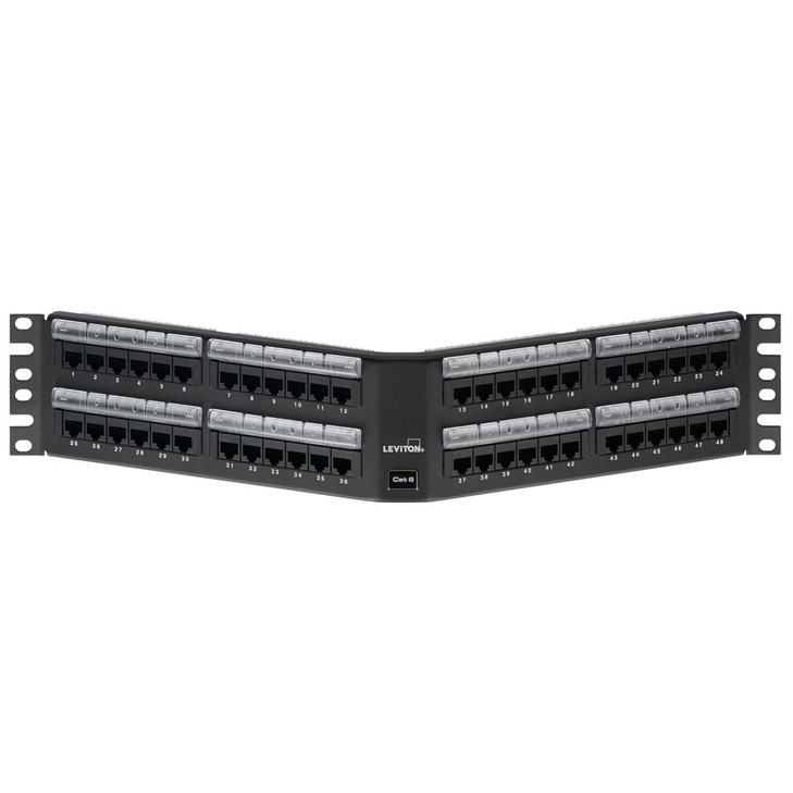 Cat 6 Angled 110-Style Patch Panel with Magnifying Lens Label Holder, 48-Port, 2RU, Black