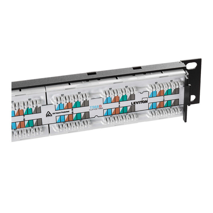 Cat 6A Flat 110-Style Patch Panel, Configured, 24-Port, 1RU, Black. Cable Management bar included.