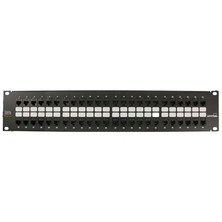 Cat 5e Flat QUICKPORT™ Patch Panel, 48-Port, 2RU, Black. Cable Management bar included.