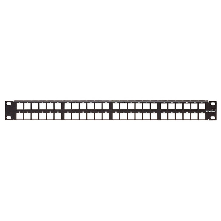 Flat QUICKPORT™ Patch Panel, with Vertical Numbering, 48?Port, 1RU, Black. Cable Management bar not included.