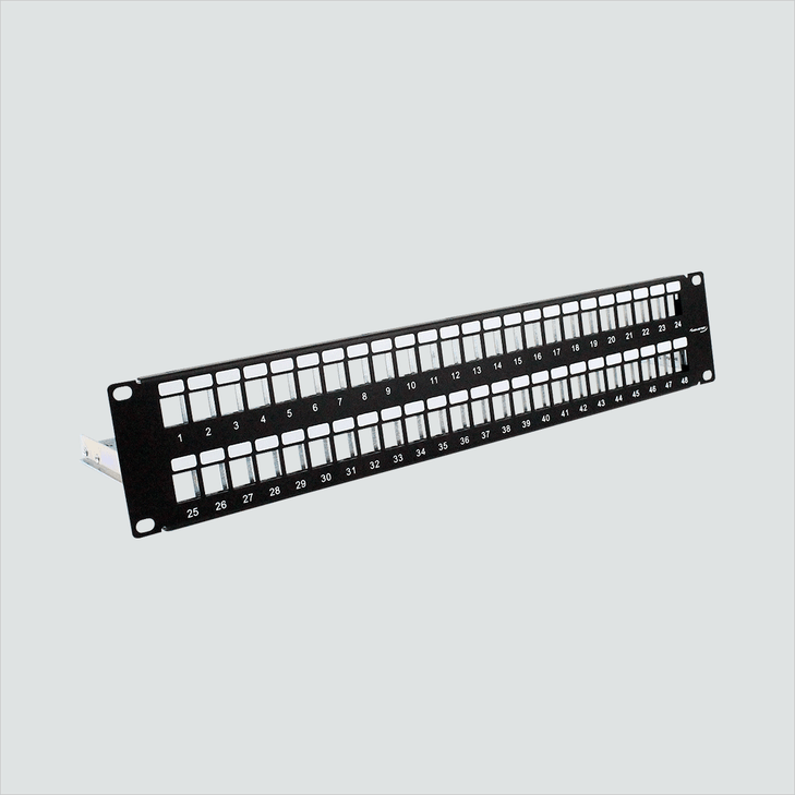 Blank, 48-Port, 2U, Shielded (F/UTP)/Unshielded (U/UTP) Patch Panels with Grounding Wire & Rear Cable Management Bar