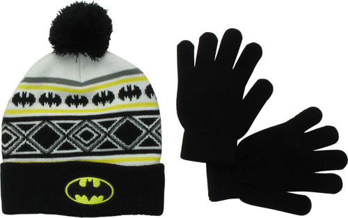 Batman Logo Motif Pom Cuff Youth Beanie Gloves Set