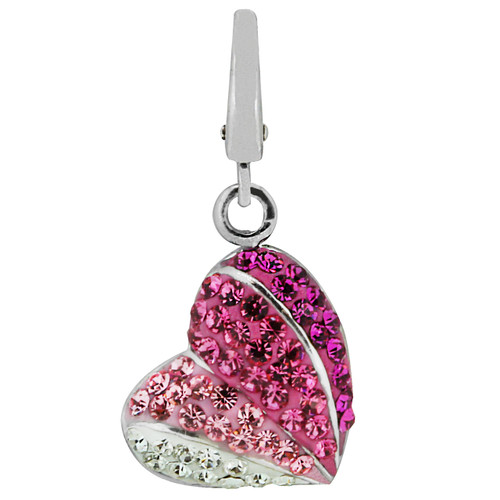 Zable clip on Swarovski crystal studded pink and white heart, fits Pandora and thomas szabo