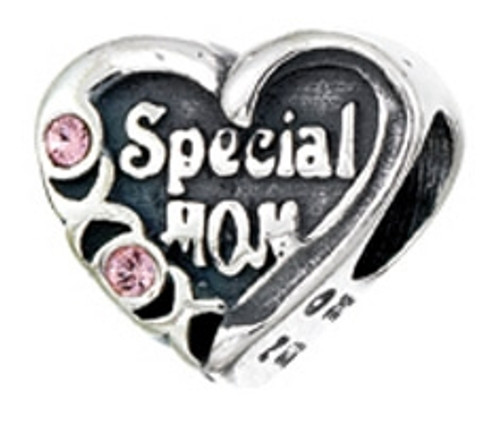 Zable Heart bead charm Special Mom with pink Cubic Zirconias. Fits Pandora.