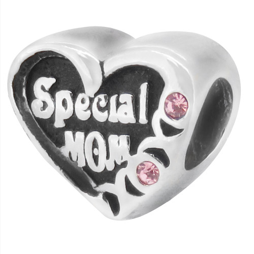 ZABLE Special Mom Heart with Pink CZ Bead Charm BZ-1649, fits pandora, compatible with pandora.