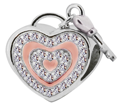 Zable Pink and swarovski crystal studded heart with key, fits Pandora