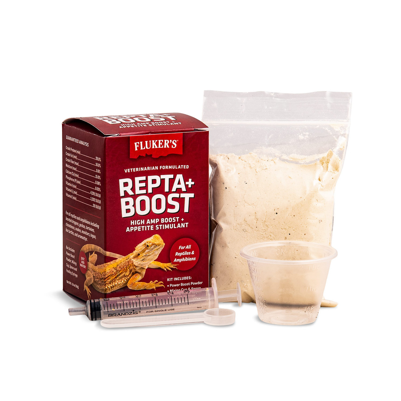 Repta Boost box with contents: 50 grams of power boost powder, measuring cup, spoon, and feeding syringe.