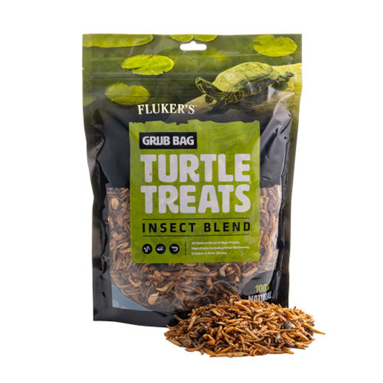 Grub Bag Turtle treats 12oz bag of Insect Blend with a detail photo of contents.
