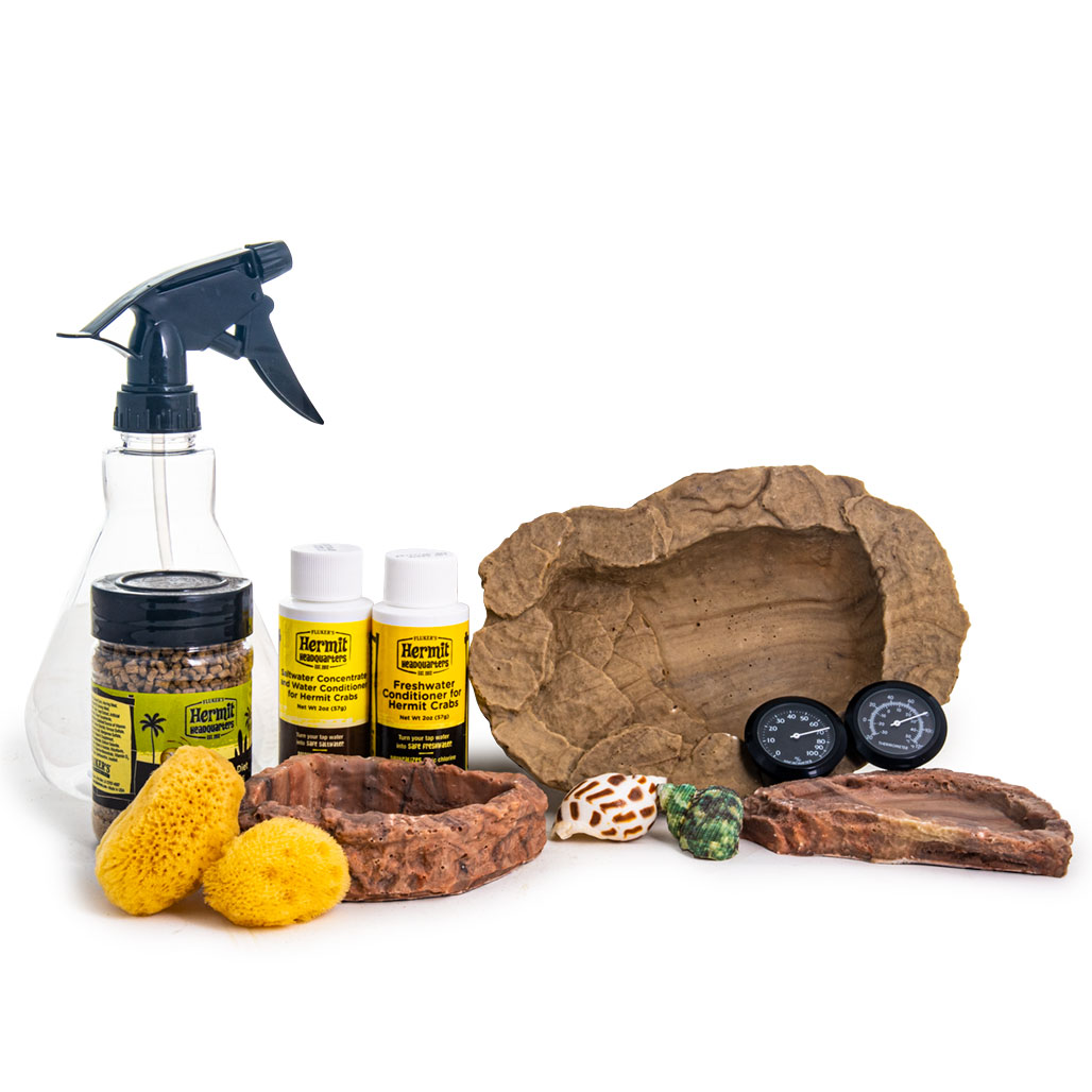 Image of Fluker's Hermit Crab Starter Kit - Repta Sprayer, Water Dechorinator, bowls, sponges, growth shells, and Hermit crab food on white background