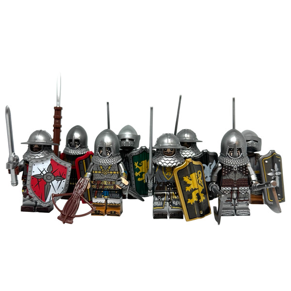 Knight Minifigure Set of 8 Castle Warriors with Spears Swords and Shields