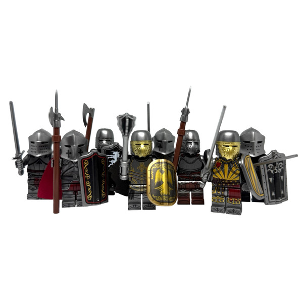 Knight Minifigure Set of 8 Castle Warriors with Mace Swords Pikes and Shields