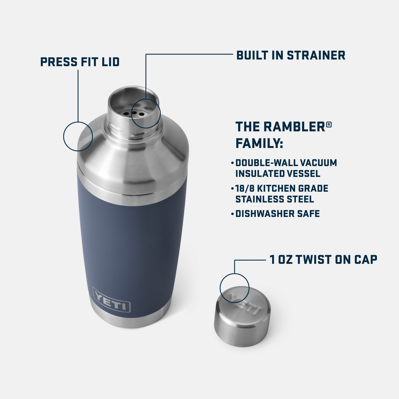 YETI Rambler 20 oz Cocktail Shaker, Stainless Steel, Vacuum Insulated, White