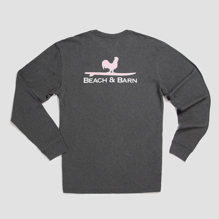  Beach & Barn Surfing Rooster Long Sleeve Tee Shirt - Charcoal Heather 