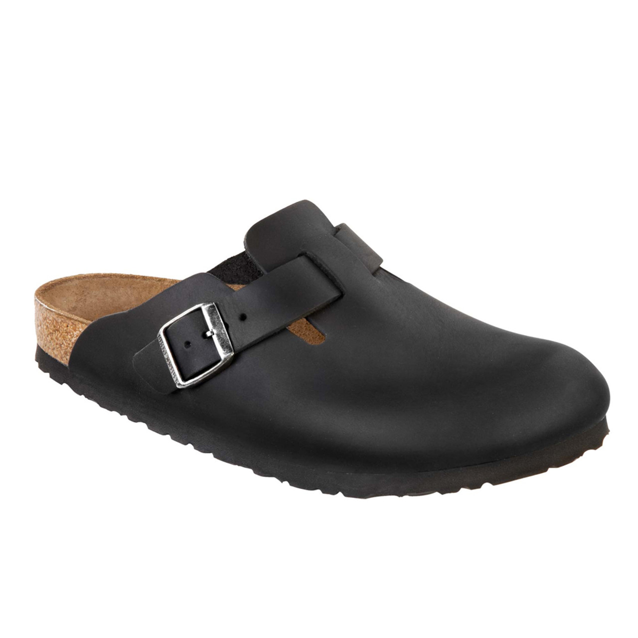 black leather birkenstock clogs