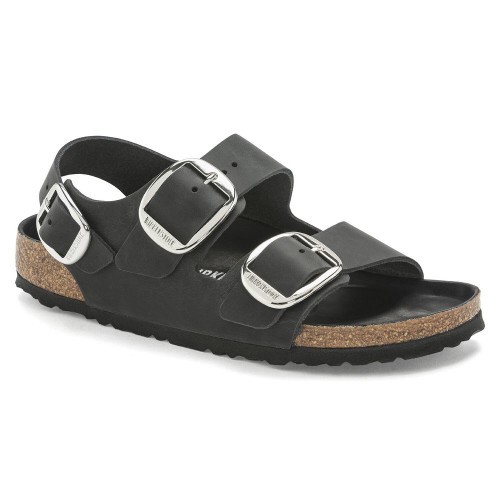 Birkenstock Women's Milano Big Buckle Oiled Leather - Black (Narrow Width) - 1024953 - Angle