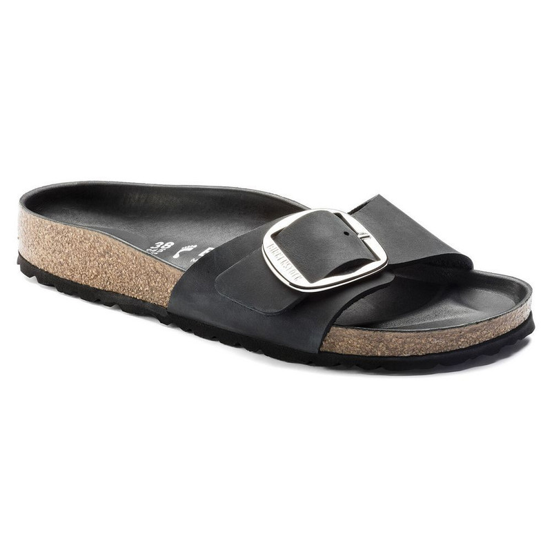 Birkenstock Women's Madrid Oiled Leather Big Buckle - Black (Narrow Width) - 1006523 - Angle