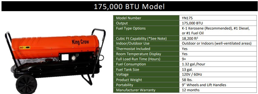 KING CROW FORCED AIR HEATER 175,000 BTU