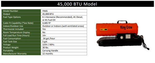 KING CROW FORCED AIR HEATER 45,000 BTU