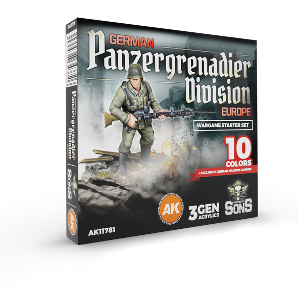 AK Interactive German Panzergrenadier Division Europe - Starter Set (10 Colors + Exclusive Figure German Machine Gunner)