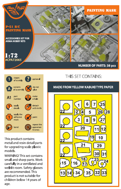 Clear Prop 1/72 P-51B/C Mustang painting mask on "yellow kabuki paper" for Arma Hobby kits