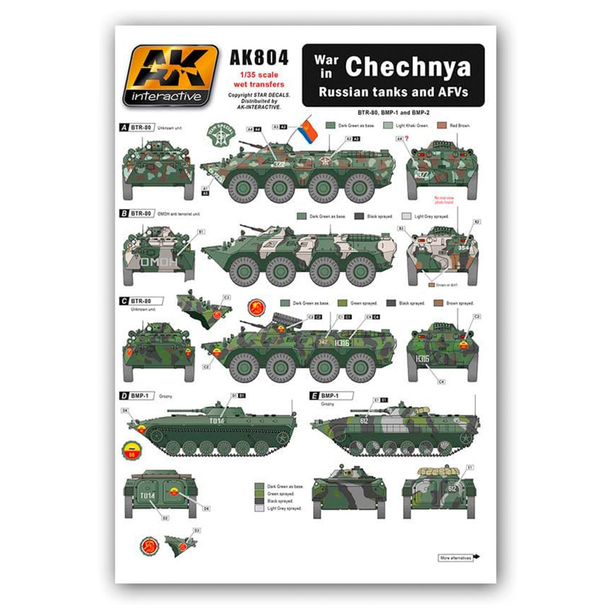 AK Interactive 1/35 Scale War in Chechnya Russian Tanks and AFVs Decal Set