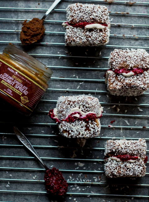 Raw vegan lamingtons with cashew cream and raspberry jam