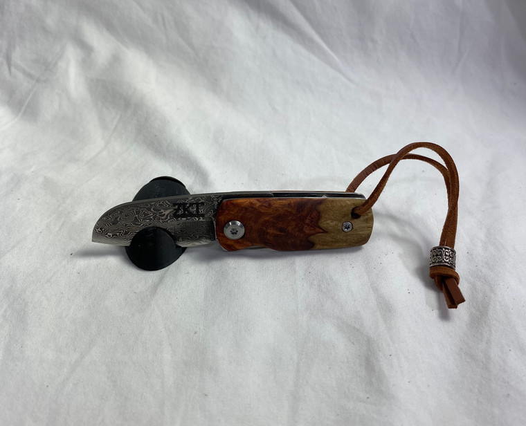 Damascus&Amboyna Burl Folder Knife
