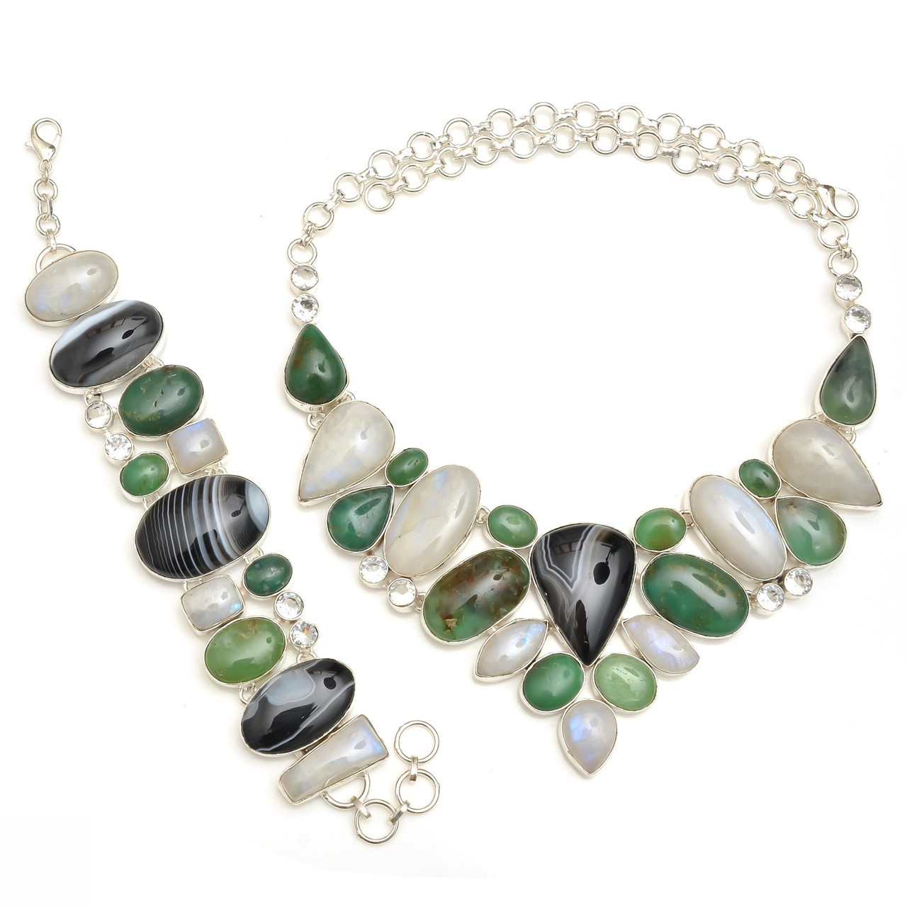 Chrysoprase, Moonstone, Banded Agate Necklace & Bracelet Set