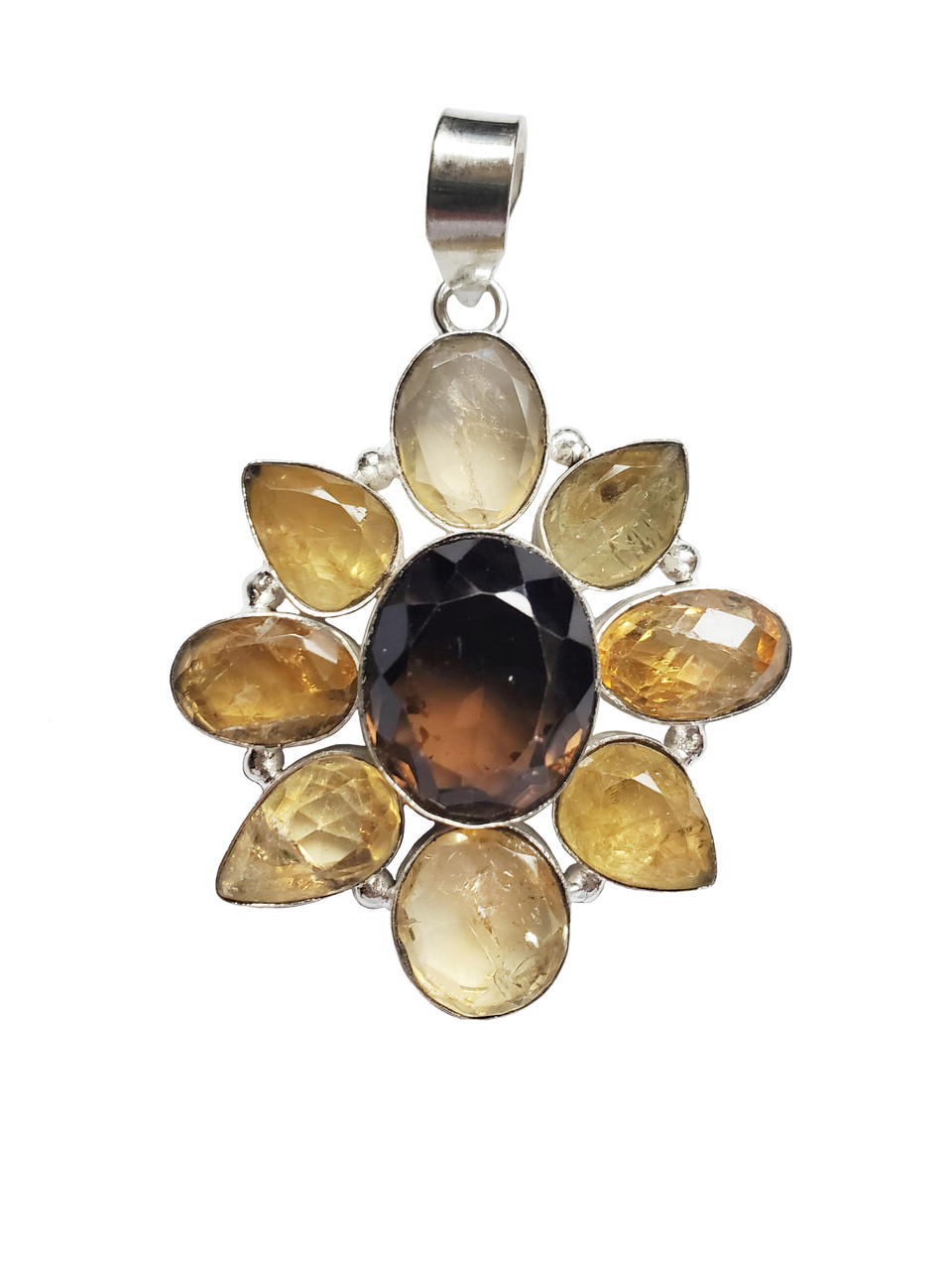 Dancing Sun Rays Citrine and Smokey Quartz Daisy Pendant